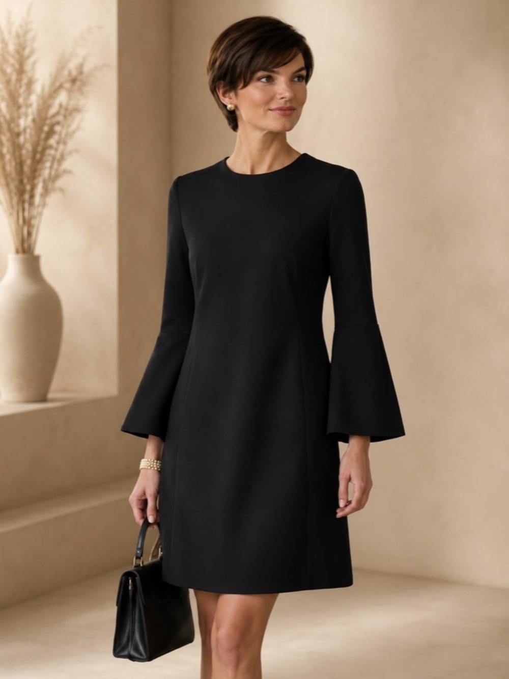 Max Valmary Black Shift Dress Bell Sleeve Minimalist Made in Poland Size 8 EU 38